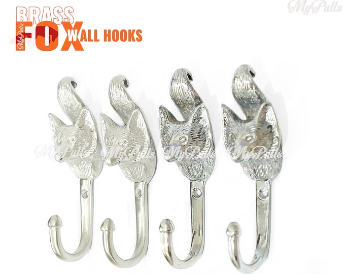 4.52" Pair Solid Brass Fox Wall Hook Woodland Strong Wall hook Mount Coat Hat Hooks CHROME | SILVER DOFF Finishing