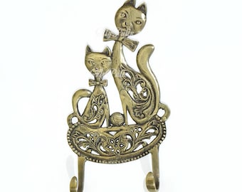 9.85" inches Solid Brass Cat Wall Hook Decor with the Wool ball | Kitty Tie Pet Wall hook Strong Wall Mount Coat Hat Hook Cat Lover Gift