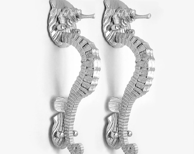 12.20" Bright Silver Chrome Finishing Pair set Vintage Solid Brass Poseidon SEA HORSE Mythology Front Door Entry Door Handle Pulls