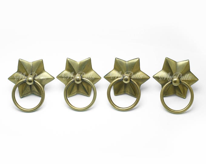 2.20" inches Set of 4 pcs SOLID BRASS Retro STAR Ring Pulls Cabinet Drawer Dresser Kitchen Handle Knob Pulls