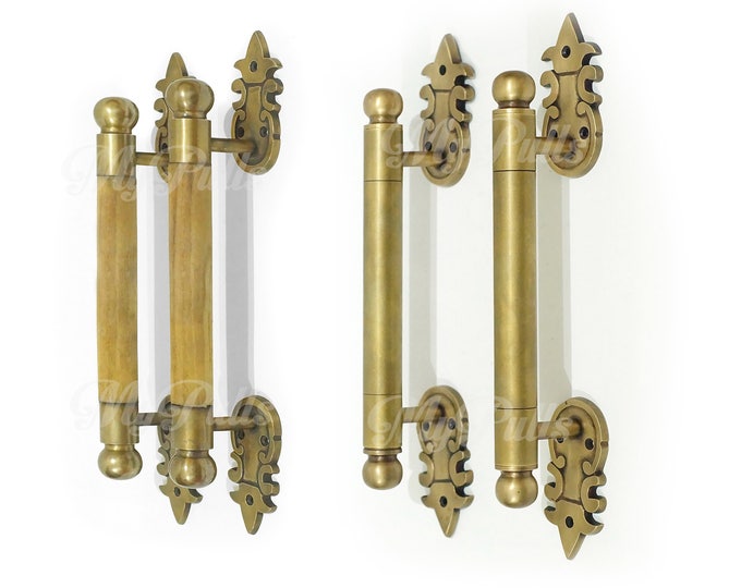 13.58" 2 pcs Retro Door Handle Pull Vintage Brass and Wooden Western pulls Cabinet Dresser Door Handle Pulls