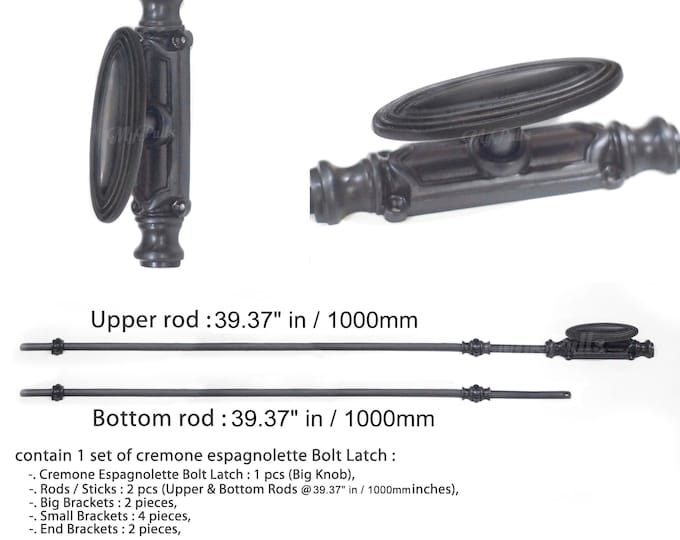 Solid Brass French Cremone Espagnolette Bolt Latch Black Matte Doff Finish Door Lock and Brass Rod Set