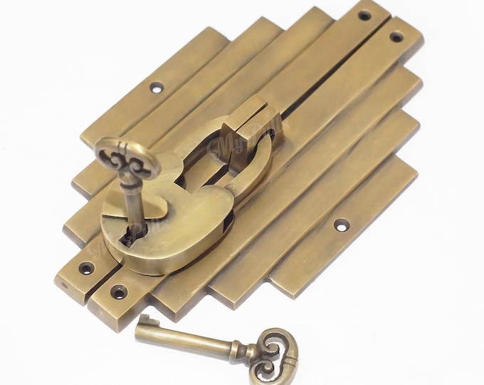 7.55" in Solid Brass Asian Bamboo Latch Door Safe Latch Lock with Old Brass Padlock and Skeleton keys