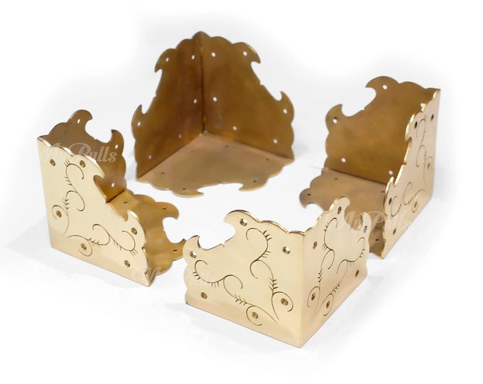Set of Solid Brass Big Floral carved Table Corner Protector Guard | Desk,Cabinet, Table Trunk Corners Guard Protector Gold finish