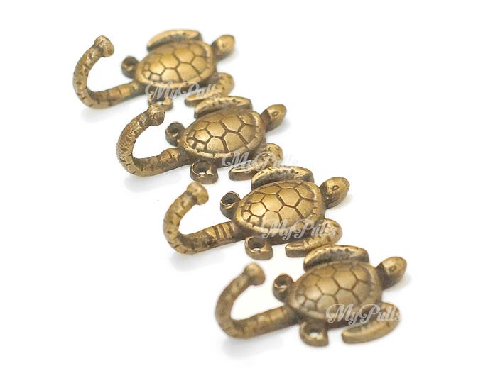 Set of 4 pcs Solid Brass Ocean TURTLE long Life Hat Coat Wall Mount Hook ---> Front Mount