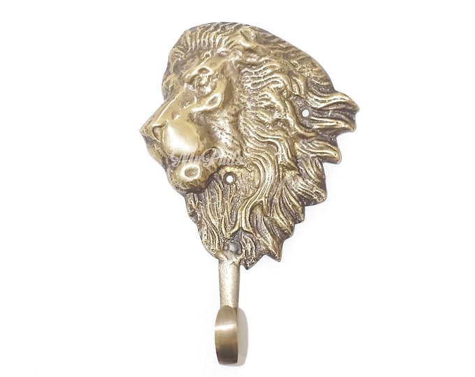 6.50" inches Solid Brass Lion King Animal Head wall hook Strong Wall Mount Coat Hat Hook Lion Head Decor