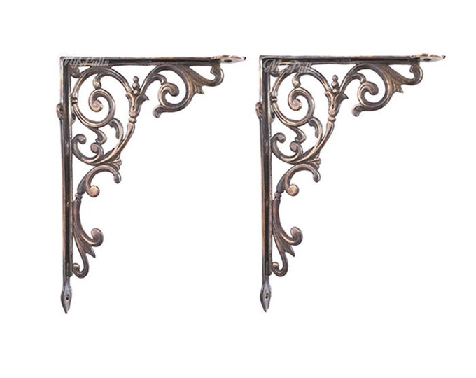 10.23" 2 pcs SOLID BRASS Wall Shelf Bracket | Antique Copper Classic Swirl Brass Floating Shelves Decor