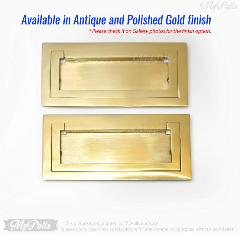 Solid brass rectangular flush pull handles in antique gold finish