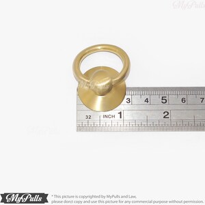 Puede incluir: Una manija de anillo de tracci&oacute;n de lat&oacute;n con una base redonda, que mide 2,5 cm de di&aacute;metro. La manija se muestra junto a una regla para referencia de tama&ntilde;o.