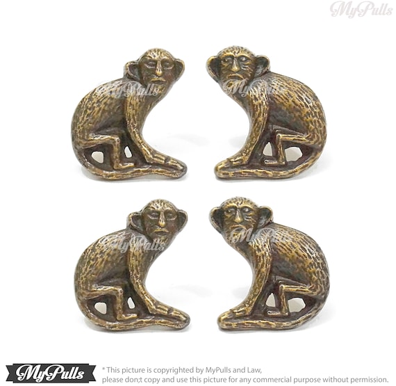 2 Pairs Solid Brass Monkey Park Animal Knobs Cabinet Drawer Etsy