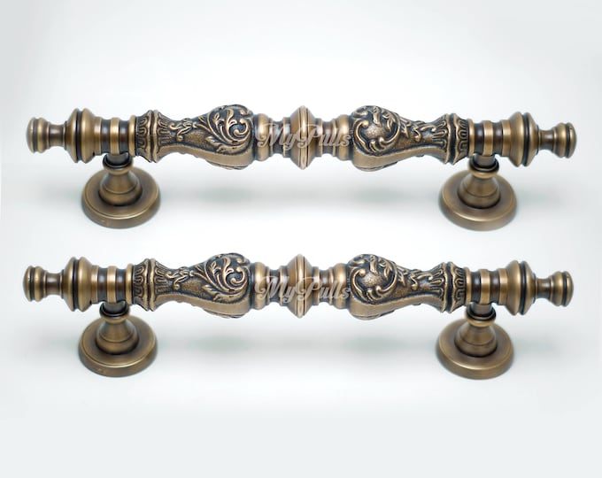 10.03" inches Set of 2 pcs SOLID BRASS Detail Carving Classic Bar Handle Cabinet Drawer Dresser Pulls AC121