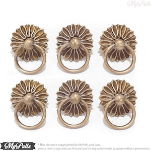 May include: Six brass cabinet knobs with a floral design and a ring pull. The knobs are a light gold colour.