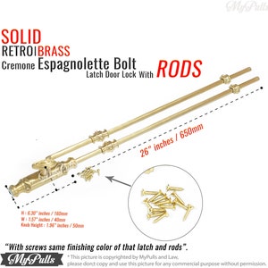 Retro Brass Western Cremone Espagnolette Bolt Latch UN-Lacquered Brass Finish Door Lock and Brass Rod Set