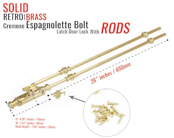 Retro Brass Western Cremone Espagnolette Bolt Latch UN-Lacquered Brass Finish Door Lock and Brass Rod Set