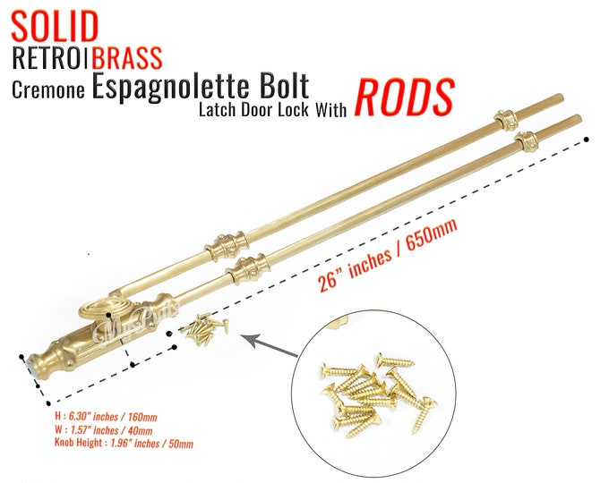 Retro Brass Western Cremone Espagnolette Bolt Latch UN-Lacquered Brass Finish Door Lock and Brass Rod Set