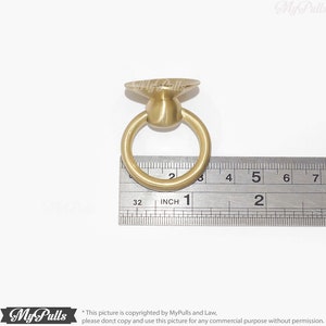 Puede incluir: Un tirador de anillo de metal dorado con una parte superior plana y circular. El anillo tiene un di&aacute;metro de aproximadamente 2,5 cm. Se muestra una regla para la escala.