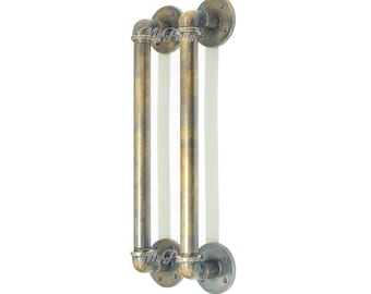 15.00" 2 pcs Rustic Brass Industrial Pipe Door Pull Handles | Retro Brass Barn Door, Kitchen Pipe Door Pulls Handle - NOT IRON / METAL