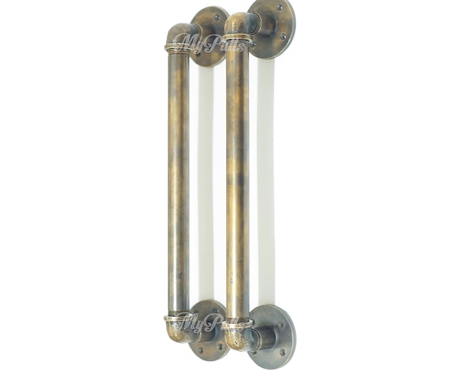 15.00" 2 pcs Rustic Brass Industrial Pipe Door Pull Handles | Retro Brass Barn Door, Kitchen Pipe Door Pulls Handle - NOT IRON / METAL