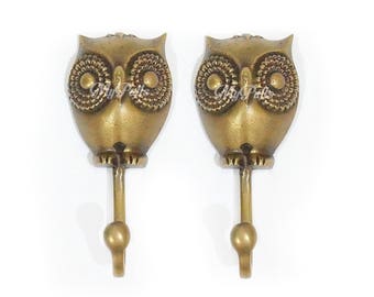 4.33" in 2 pcs Solid Brass Owl Hook | Night Barn Owl Strong Wall Mount Coat Hat Hook Owl Decor