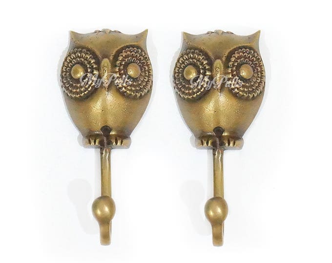 4.33" in 2 pcs Solid Brass Owl Hook | Night Barn Owl Strong Wall Mount Coat Hat Hook Owl Decor