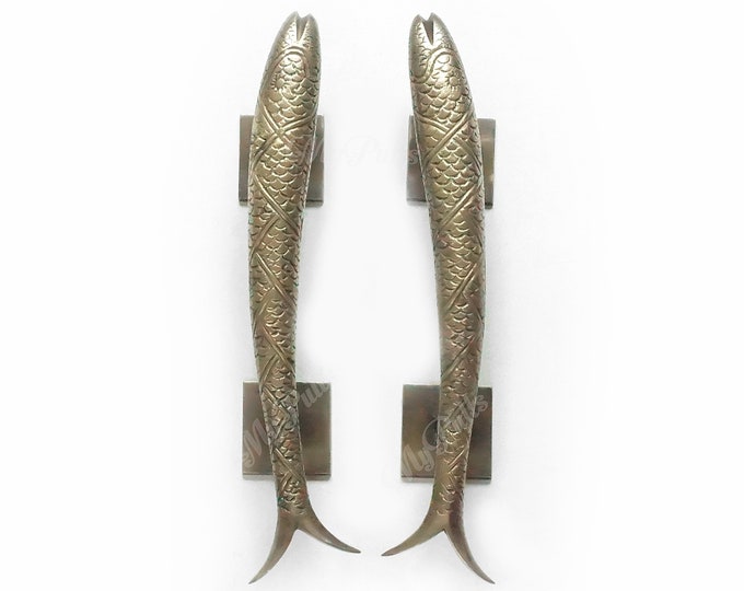 Set Pair of 11" in Solid Brass Retro Fish Knob Pull | Solid Brass Fish Animal Cabinet Drawer Dresser Kitchen Door Pull Handles
