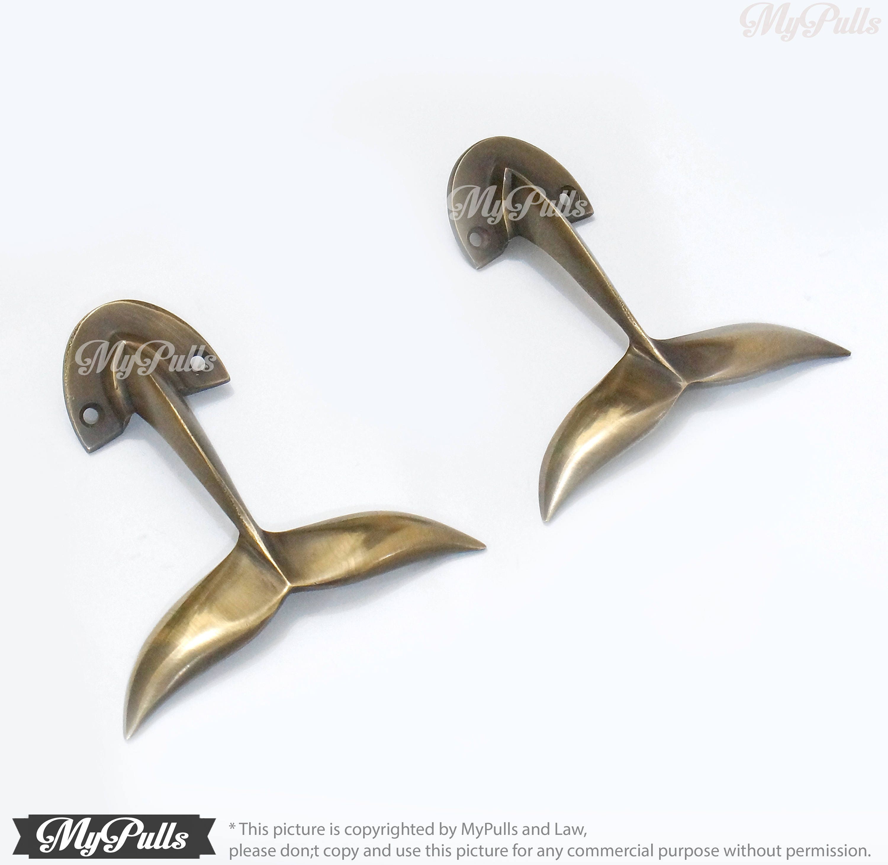 3.75 2 Pcs Solid Brass Whale Tail Hook Alaska Beluga Whale Tail Wall Hook  Strong Wall Mount Coat Hat Hook 