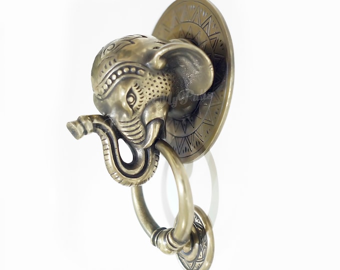 7.5" inches Solid Brass Elephant Head Front Door Knocker | Door Hanger Decor