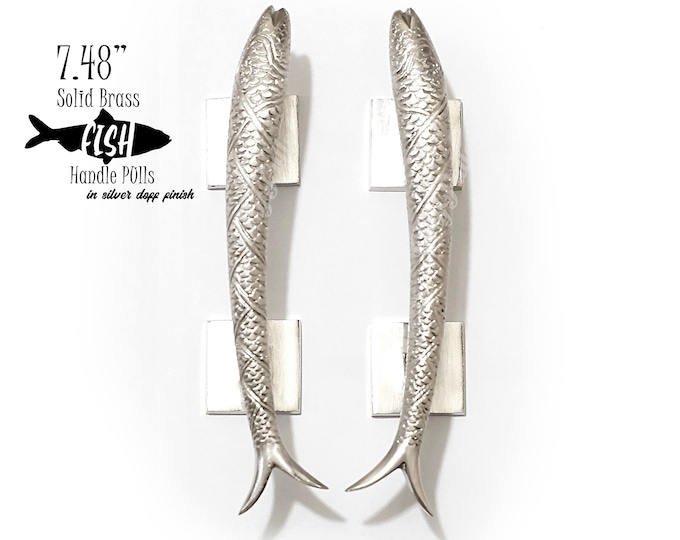 7.48" inches Pair Solid Brass Retro Fish Pull Silver Doff finish | Solid Brass Fish Animal Cabinet Drawer Dresser Kitchen Door knob Handles