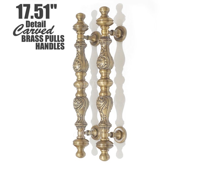 17.51" inches Set of 2 pcs Solid Brass Detail Carved Classic Front Door Handle Pulls - FREE SHIPPING with limited time offer !!