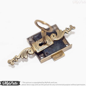 Solid Brass Key Lock Set with Brass Retro Vertical Key Hole Cover Plate Drawer Dresser Cabinet Door lock