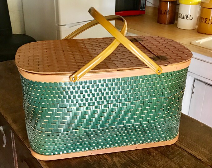 Green Picnic Basket, Redmon Picnic Basket, Woven Basket, Green Basket
