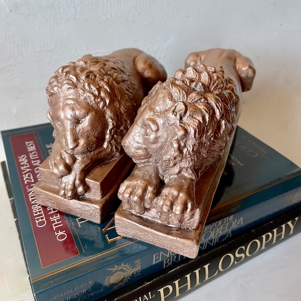 Resting Lions Bookends, Hand Painted Lions,  Resin and Stone Sculpture, Graduation Gift, Home Office Decor, Hand Painted Rose Gold