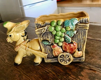 Donkey Ceramic Planter, Lofton Figurine, Pulling Cart, Candy Container, Donkey With Cart, Indoor Planter, Yellow Donkey Planter