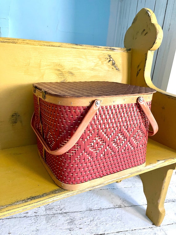 Vintage Red Picnic Basket Red Square Basket Woven Etsy