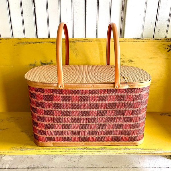 Red Burlington Picnic Basket, Plaid, Collectible Picnic Basket, Mustard Colored Metal Handles, Excellent Condition, Painted On The Inside