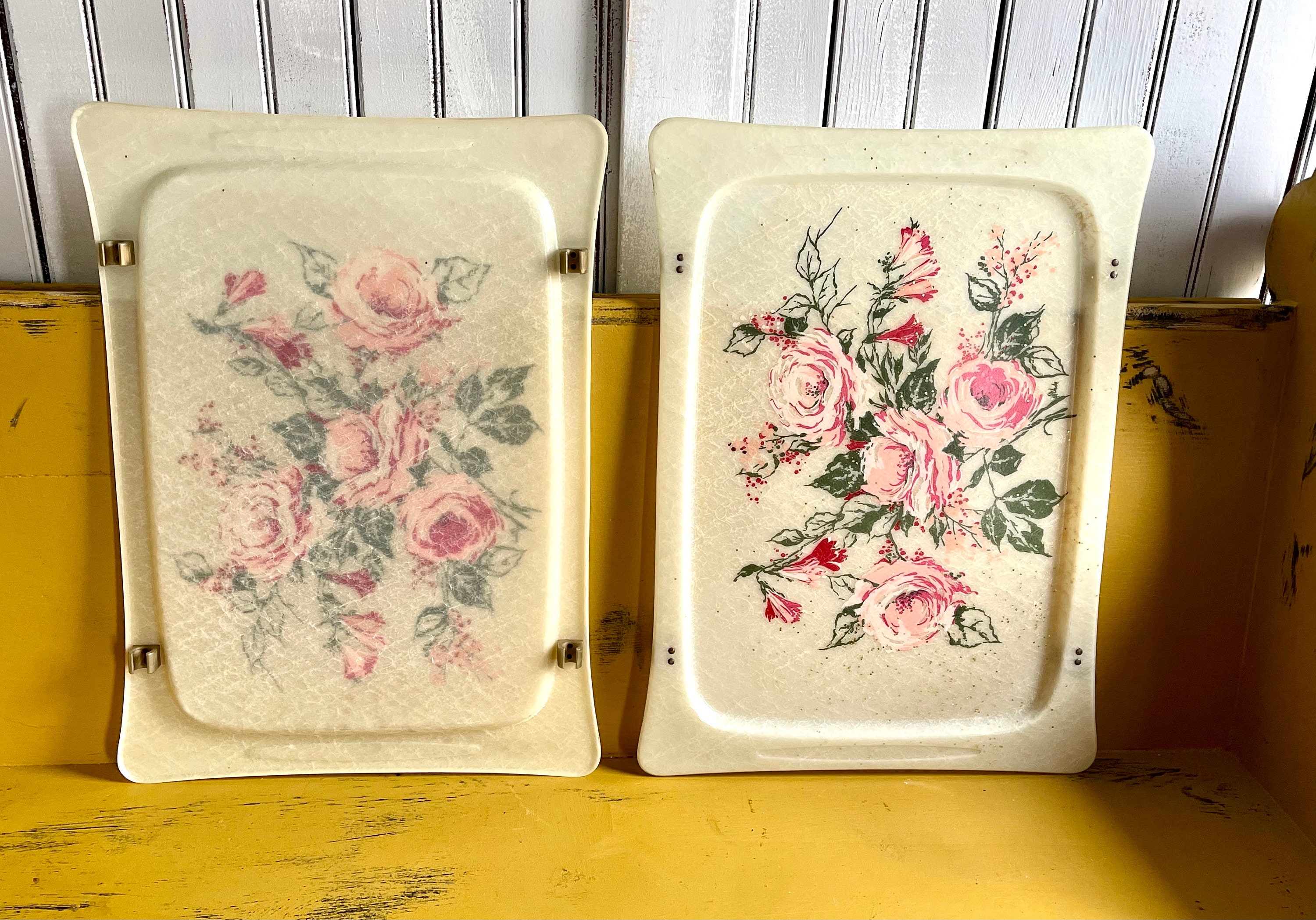 Retro Metal Snack Trays 12PC Set, Yellow With Pink Flower Roses Retro 10  Square Metal Ware, Entertaining Party / Craft Trays 