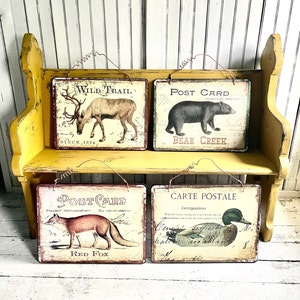 4 plateaux pour téléviseur transformés en décoration murale, décoration de cabine rustique Cape Craftsman Lodge, suspension murale, crochet métallique épais sur le dessus, sentier sauvage, renard roux