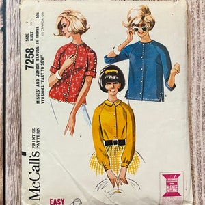 Patron de couture McCall's vintage 7258. Patron de chemisier vintage.