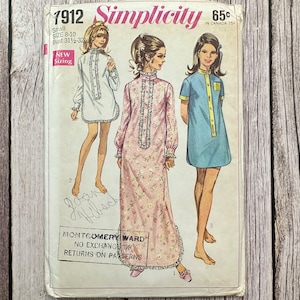 Patrón de costura Simplicity 7912. Patrón de camisa de dormir vintage.