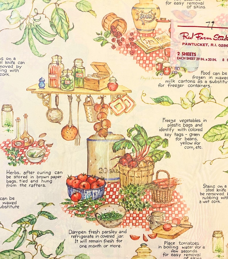 May include: A watercolour illustration of a kitchen with various food preservation techniques. Jars of herbs, a jar of tomatoes, a jar of peas, and a jar of beans are shown. The text "Red Farm Studio" is visible in the top right corner of the image.