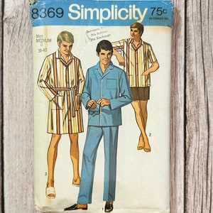 May include: A vintage Simplicity sewing pattern for men's sleepwear. The pattern includes three different styles: a robe, pajamas, and a short-sleeved shirt with shorts. The pattern number is 8369 and the price is 75 cents.