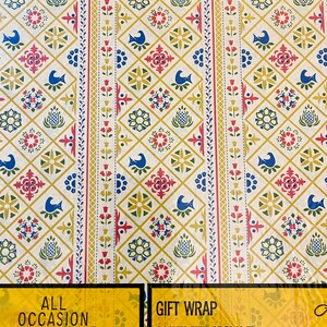 May include: Two sheets of yellow, red, blue, and green patterned gift wrap. The wrap has a geometric design with flowers and birds. The text on the package reads "All Occasion Gift Wrap 2 sheets total of 7.9 sq. ft. Each sheet (1.64 ft. x 2.41 ft.) 35&cent; GW 1801H"