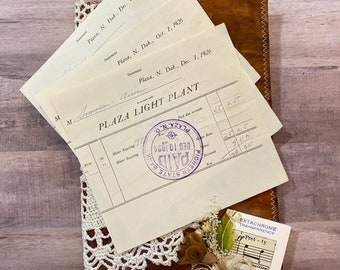 Antique Documents. 1920s Plaza Light Plant Statements. Vintage Ephemera.