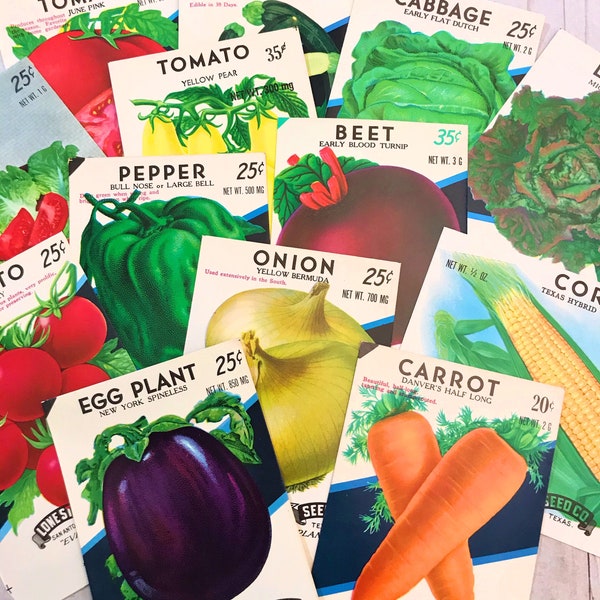 10 Vintage Vegetable Seed Packets. Gift For DIY Crafty Friend.