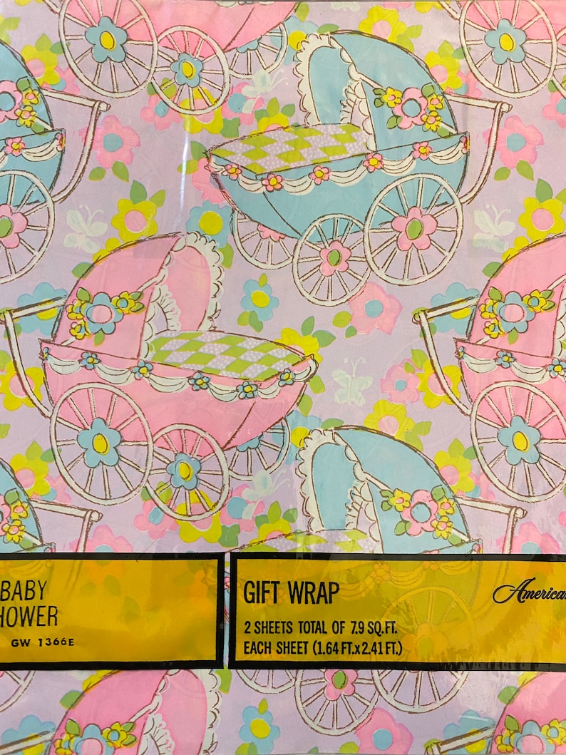 May include: A sheet of baby shower gift wrap featuring a pink and blue baby carriage design on a light purple background. The text on the sheet reads "Baby Shower" and "Gift Wrap". The dimensions of the sheet are also included: "2 sheets total of 7.9 sq. ft. Each sheet (1.64 ft. x 2.41 ft.)".