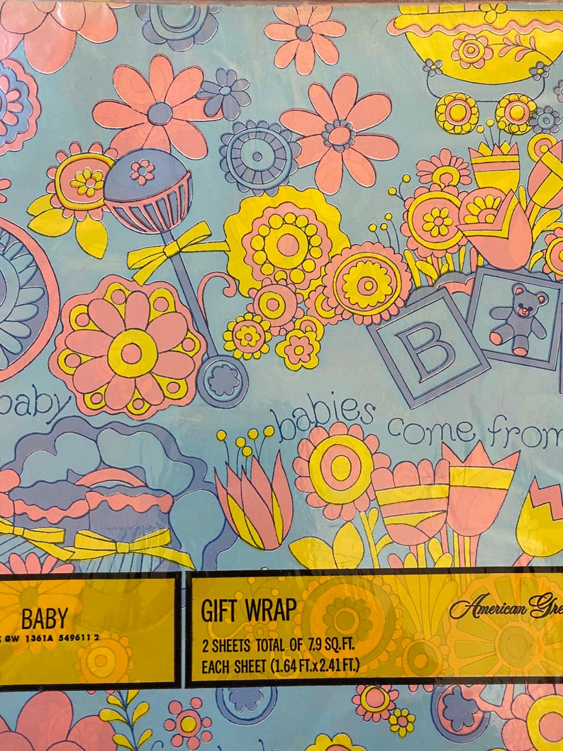 May include: Blue and yellow baby gift wrap with a floral pattern and the text "babies come from" and "American Greetings".