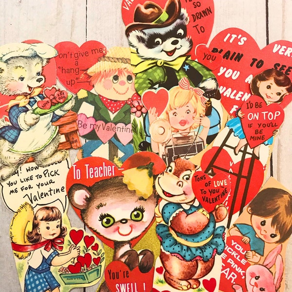Vintage Valentine Greeting Cards (5). Used Valentine’s Day Cards. School Valentines.