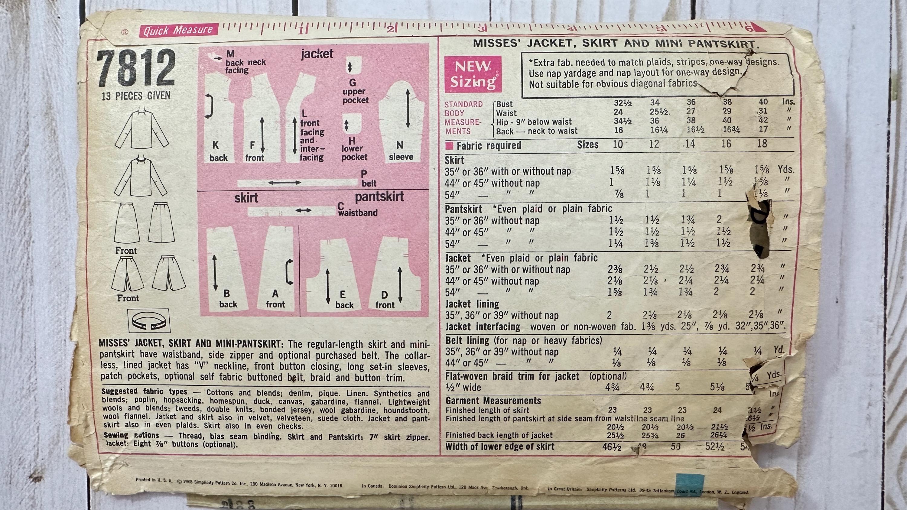 Simplicity Sewing Pattern 7812. Vintage Jacket, Skirt and