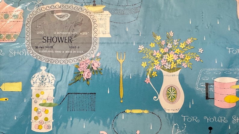 May include: Blue and white shower gift wrap with a floral design, a pitcher, a fork, and the text "Shower" and "For Your Shower".