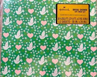 Vintage Hallmark Bridal Shower Wrapping Paper: Doves And Hearts - 2 Sheets